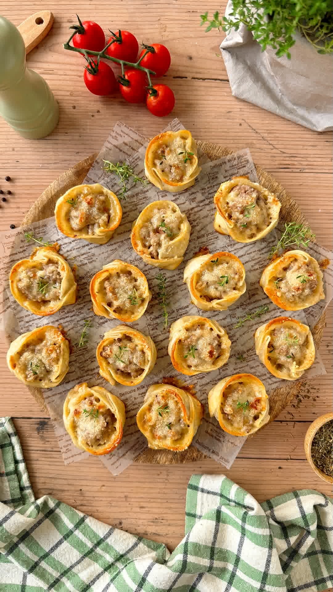 Cestitos de carne, cebolla caramelizada y queso