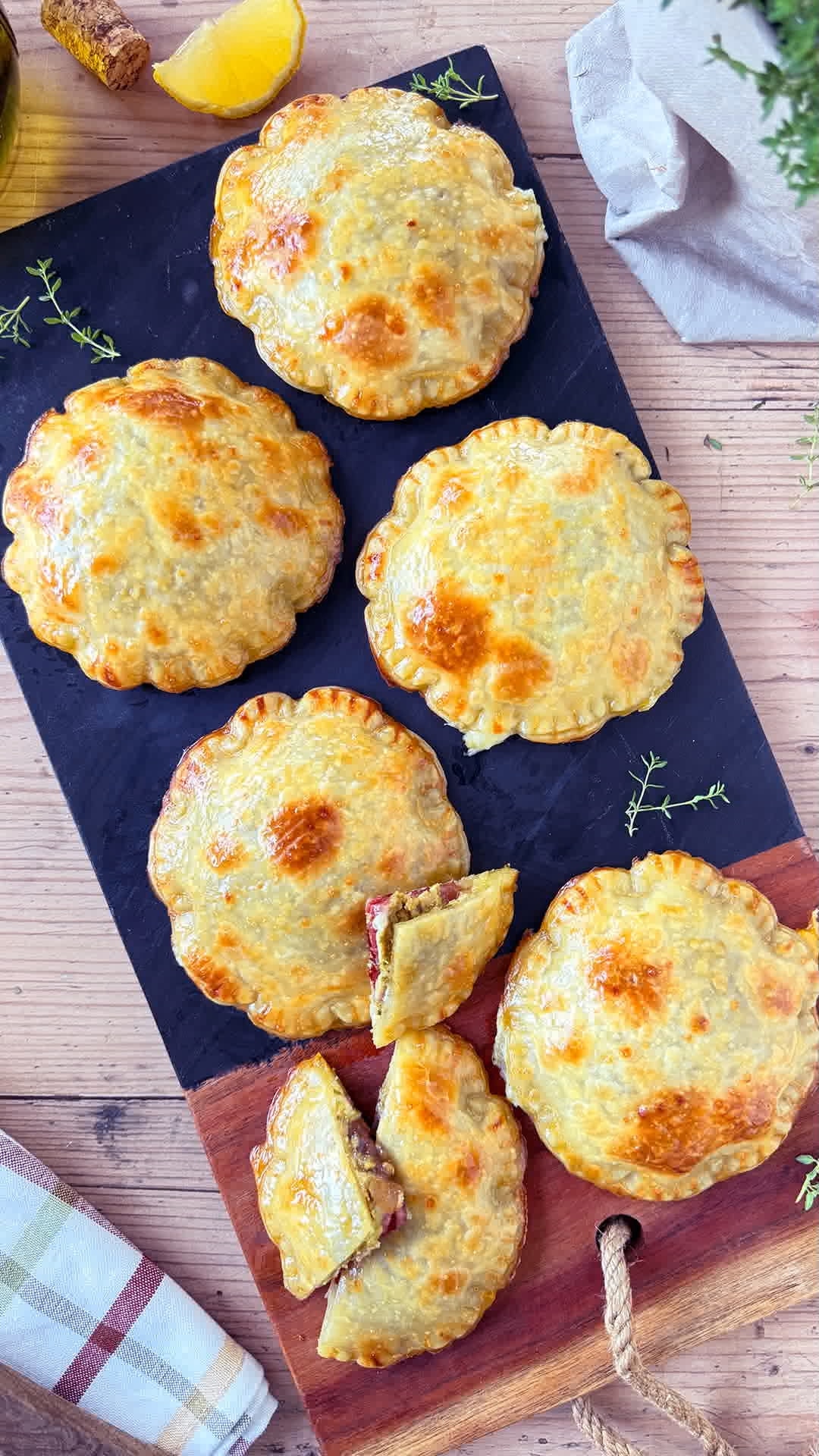 Mini pastelitos rellenos de jamón, queso y pesto